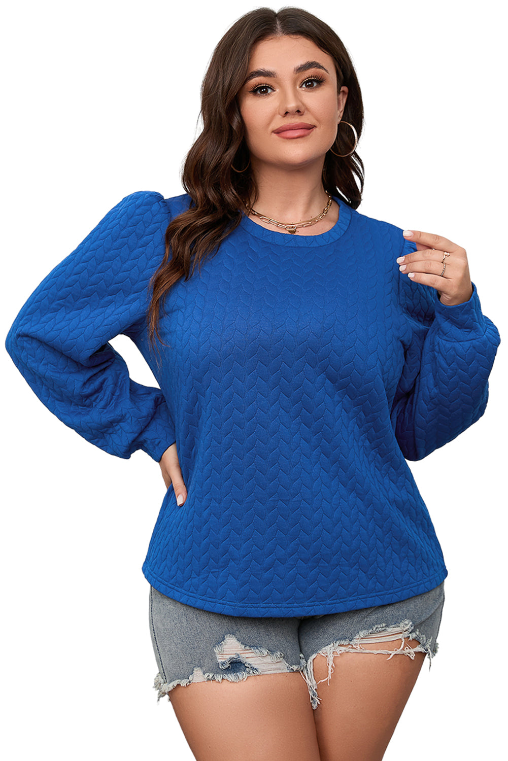 Dark Blue Cable Pattern Puff Sleeve Plus Size Top