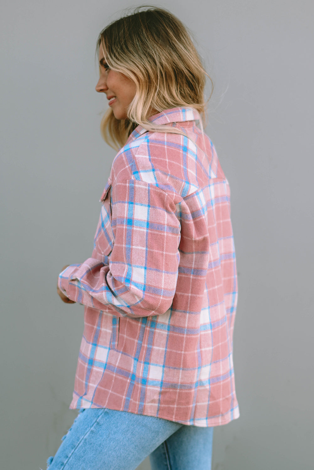 Pink Plaid Flap Pocket Flannel Shacket