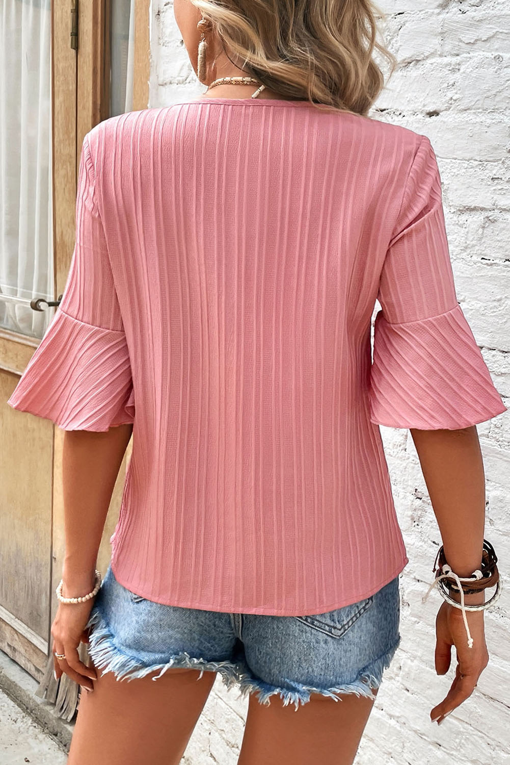 Peach Blossom Ruffled Half Sleeve V Neck Textured Plus Top