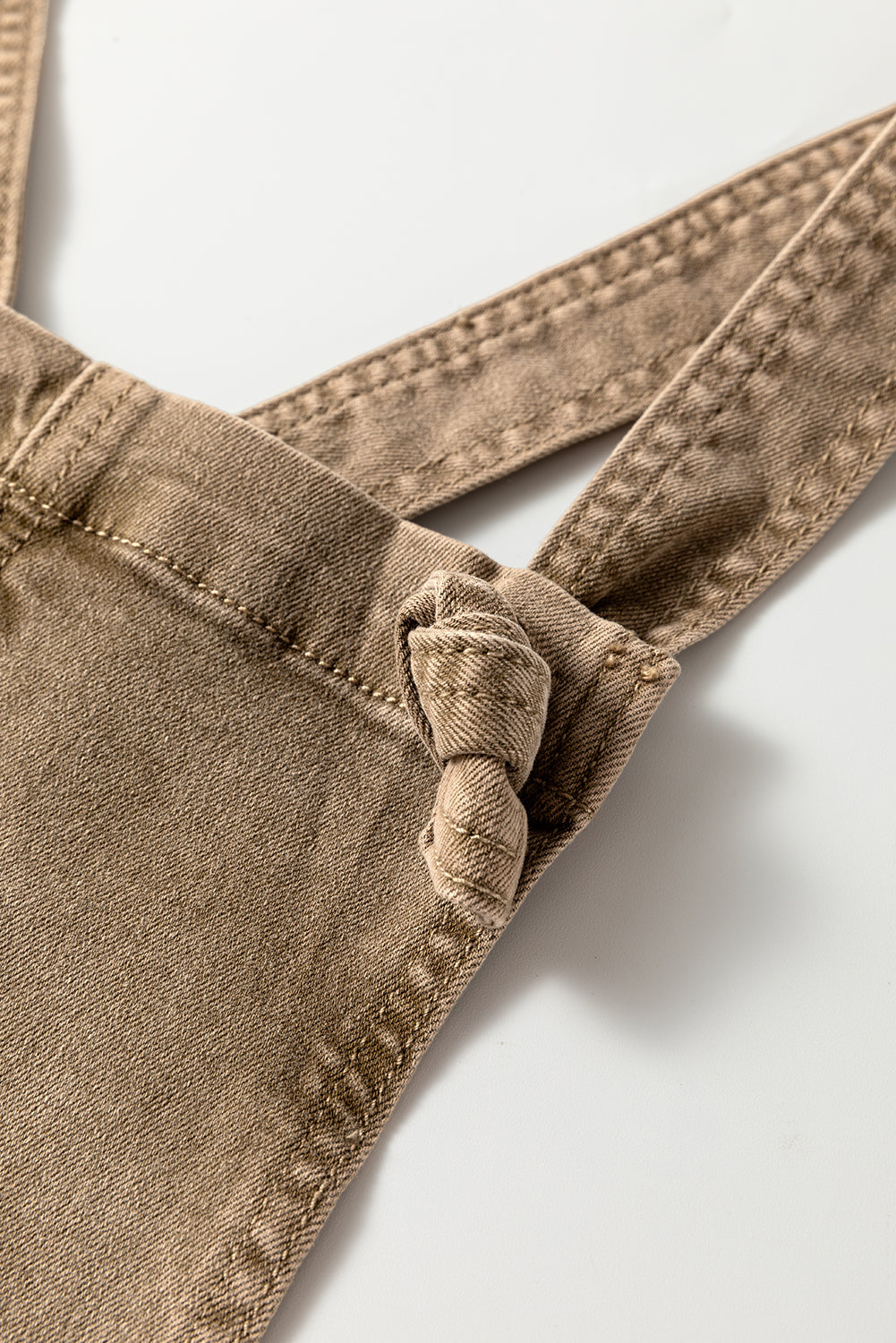 Light French Beige Solid Color Knot Straps Denim Romper with Pockets