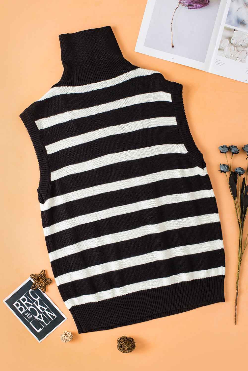 Black Stripe Zipped Collar Knit Sweater Tank