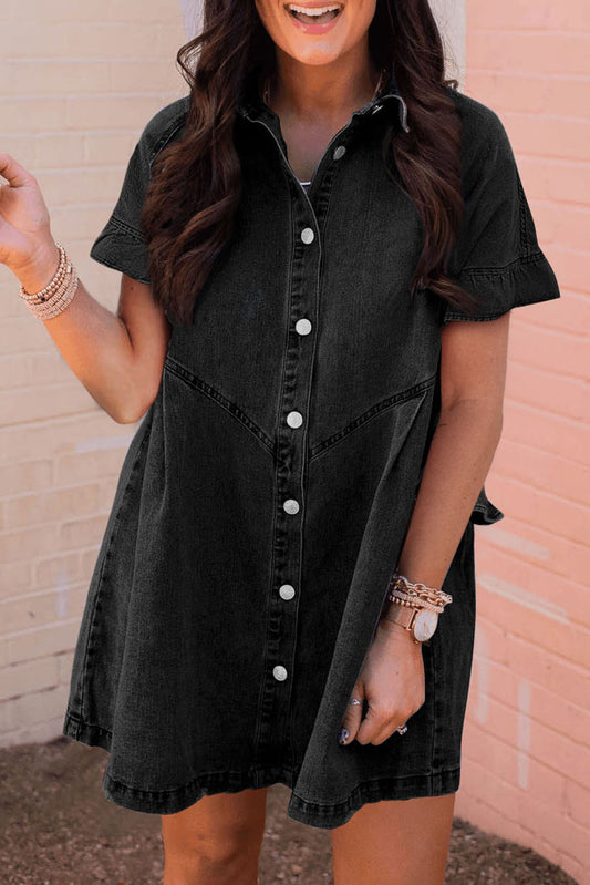Black Frilled Short Sleeve Button Up Loose Denim Shirt Dress
