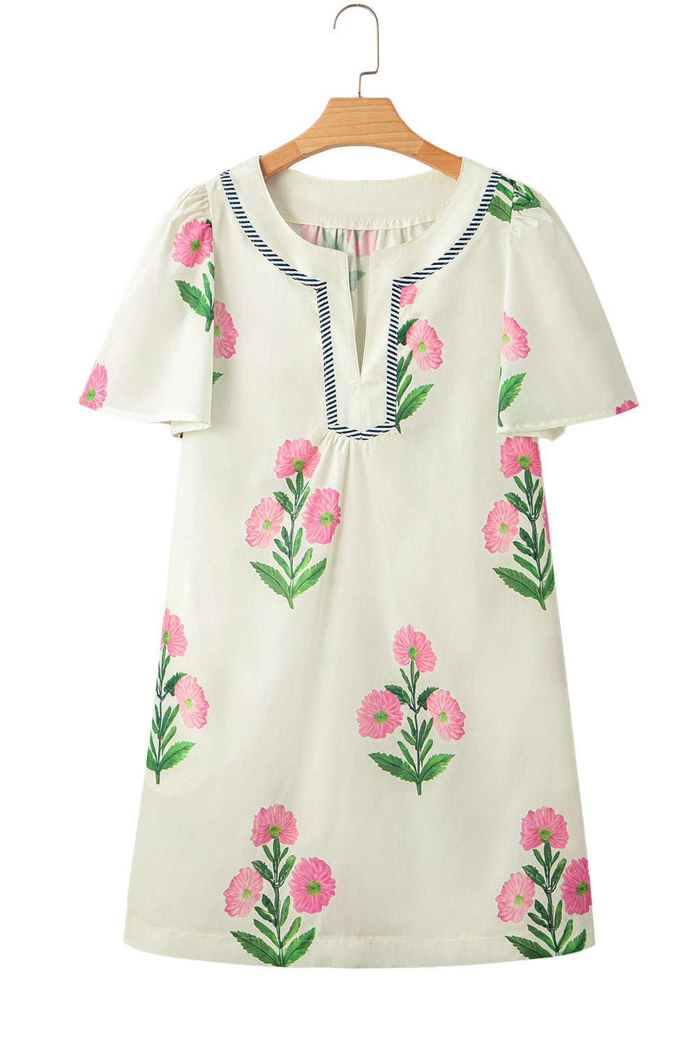 Rose Floral Short Sleeve Split Neck Loose Mini Dress