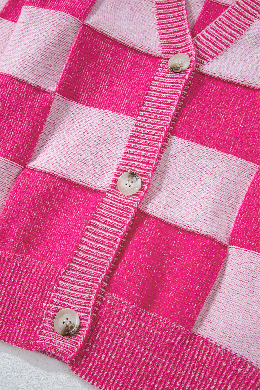 Pink Checkered Drop Shoulder Buttoned V Neck Cardigan