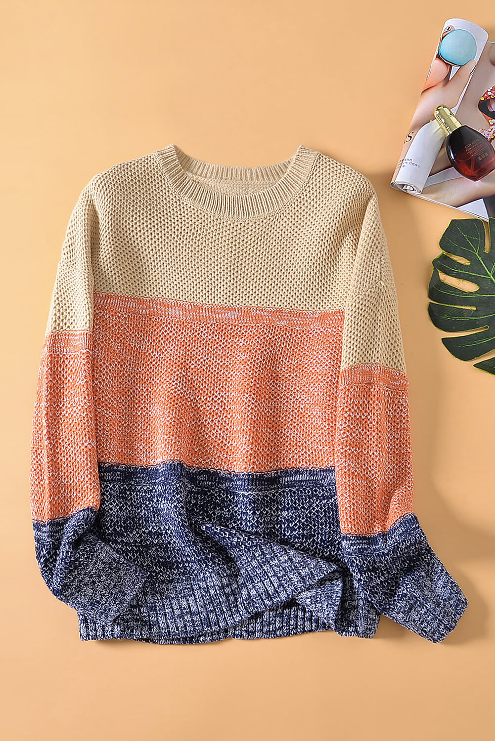 Blue Color Block Netted Texture Pullover Sweater