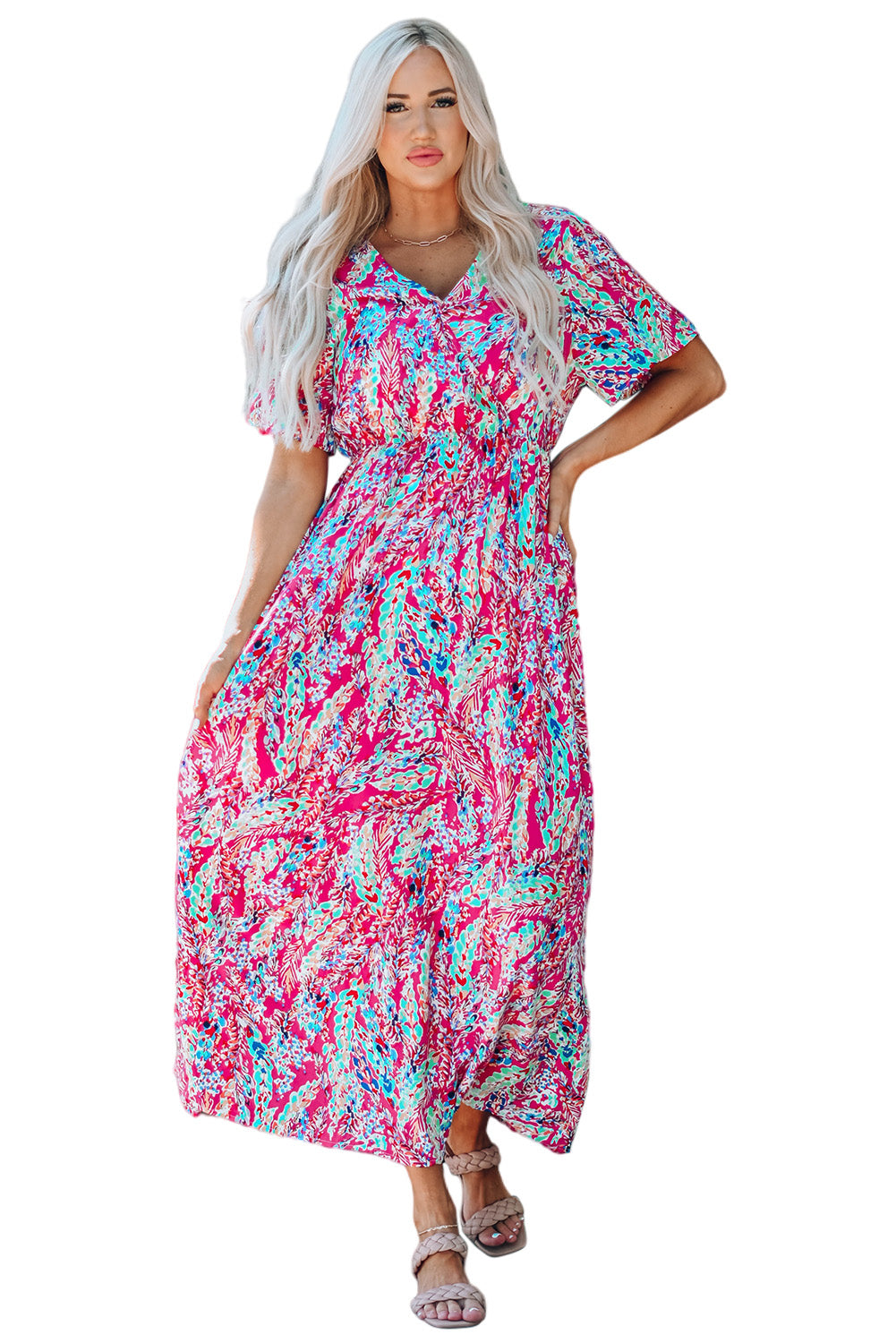 Rose Wrap V Neck Floral Maxi Dress