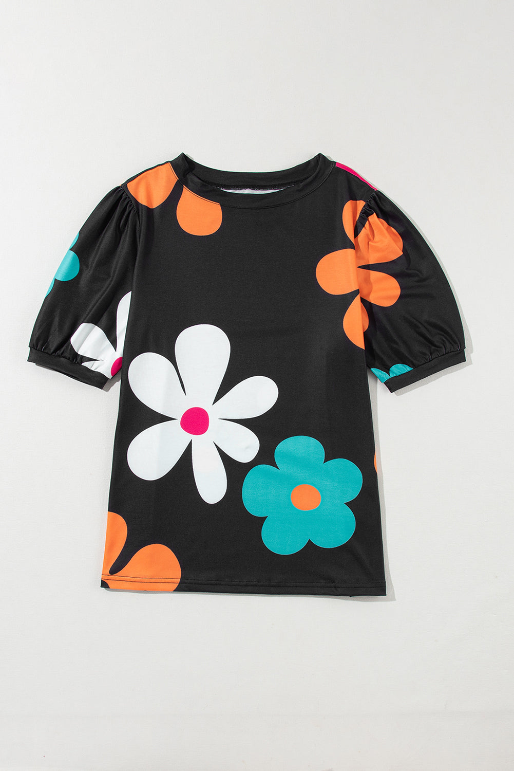 Black Flower Print Bubble Sleeve Tee