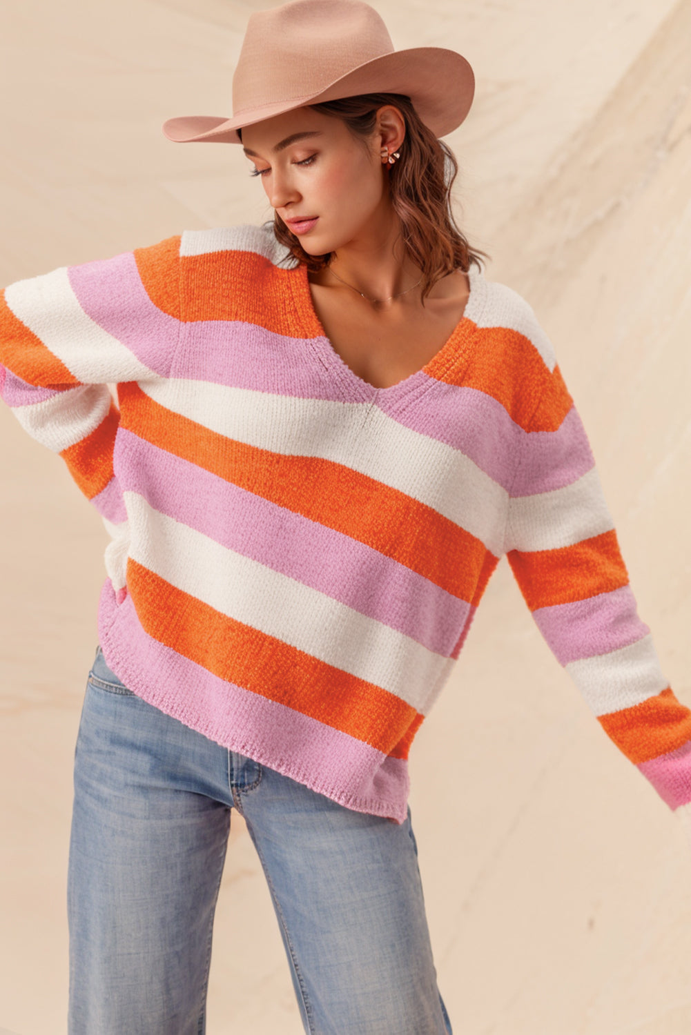 Orange Stripe Colorblock V Neck Casual Sweater