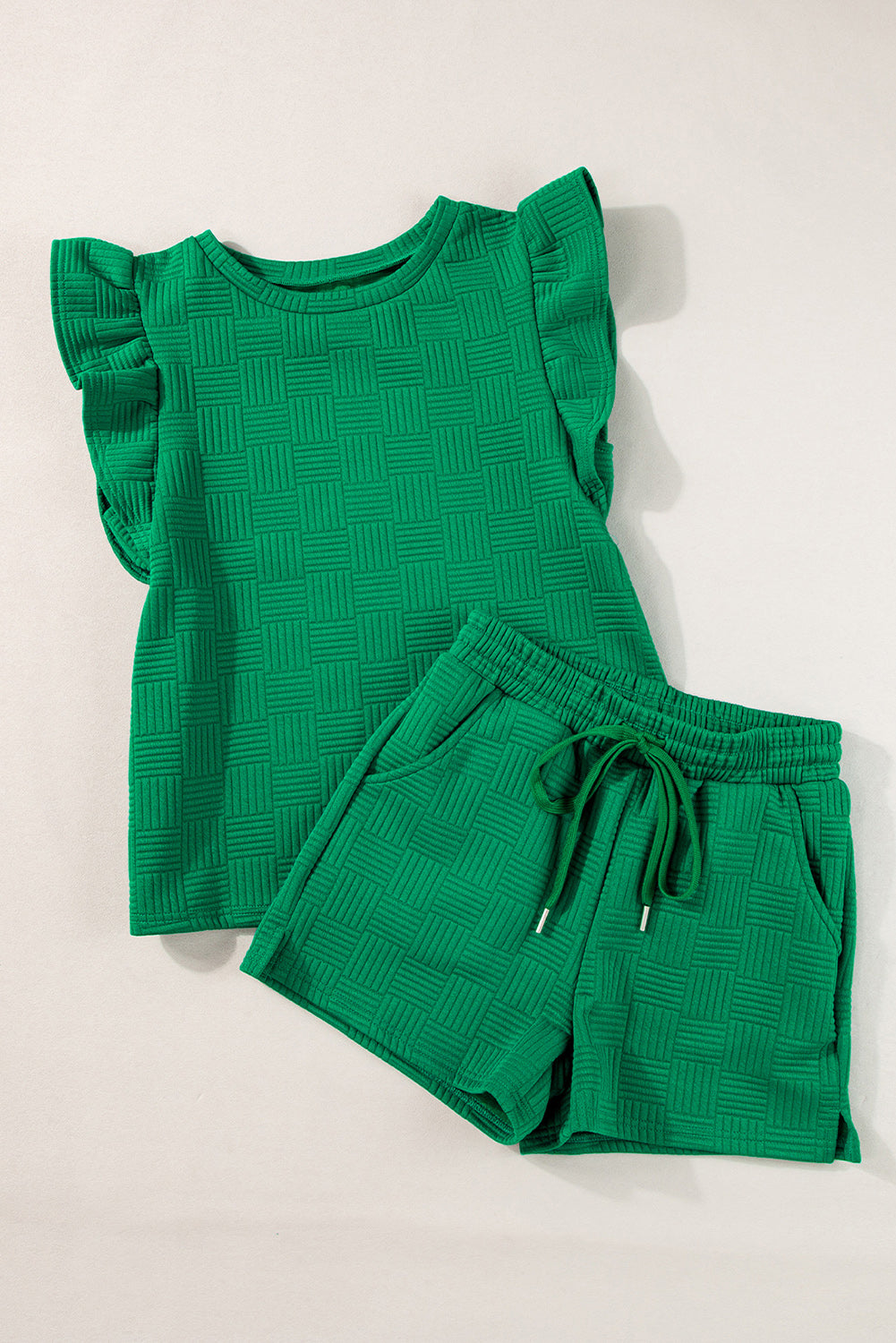 Bright Green Textured Ruffled Sleeve Tee and Drawstring Shorts Set