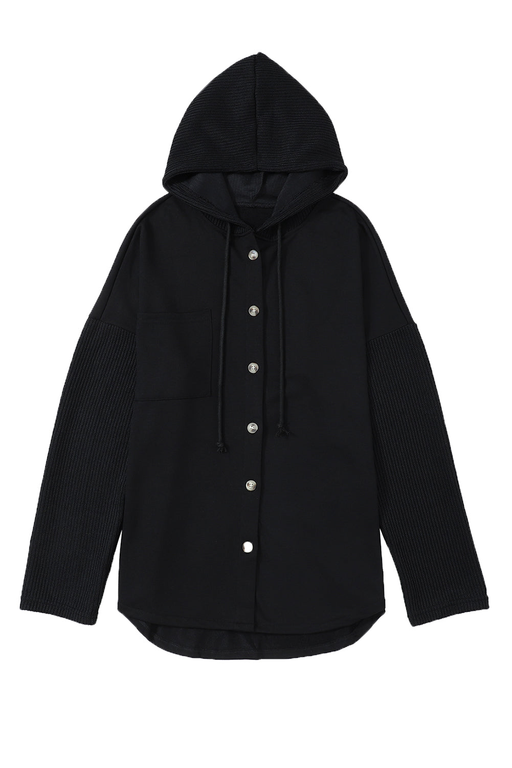 Black Button Up Contrast Knitted Sleeves Hooded Jacket