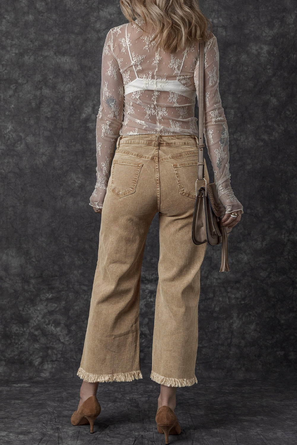 Light French Beige Acid Washed High Rise Cropped Wide Leg Jeans