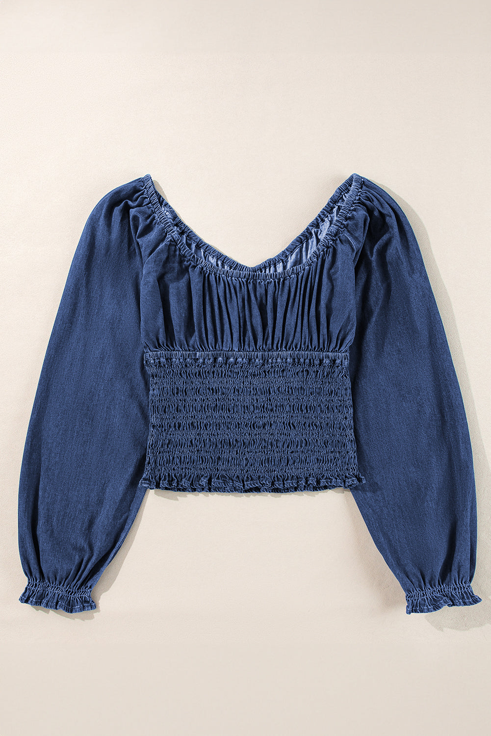 Dark Blue Smocked Ruffled Puff Sleeve V Neck Denim Blouse