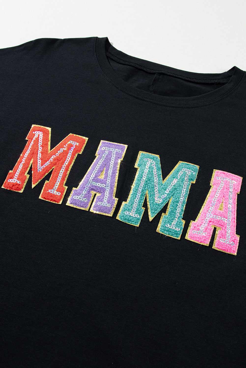 Black MAMA Chenille Patched Crew Neck T Shirt