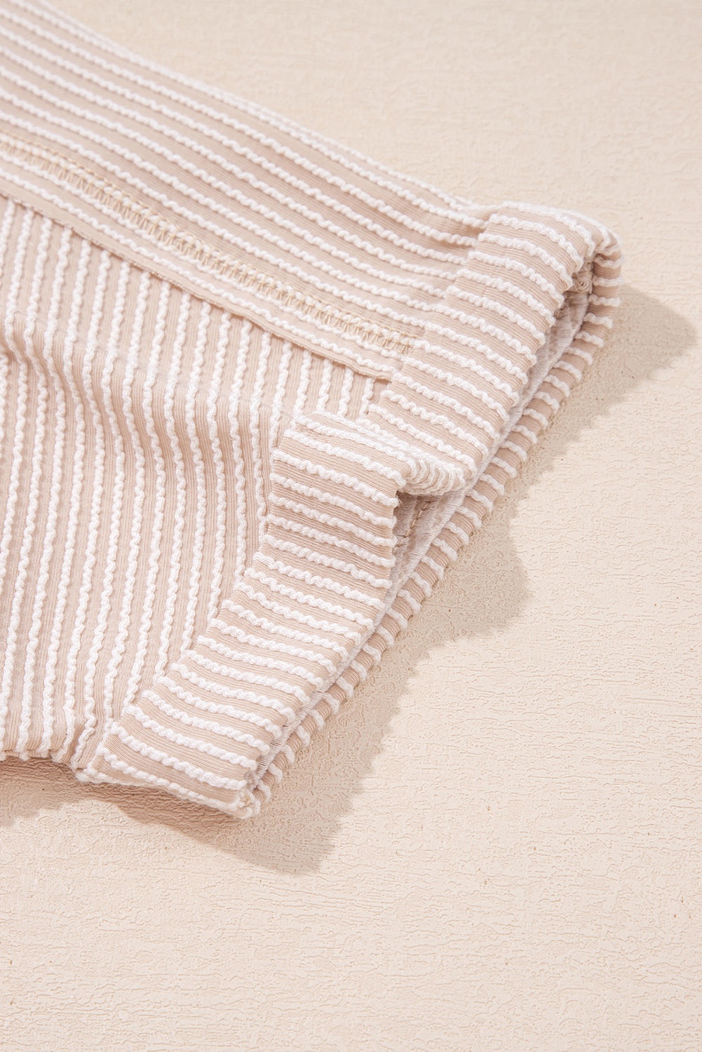 Parchment Spiral Ribbed Short Sleeve V Neck Buttoned Romper with Pocket