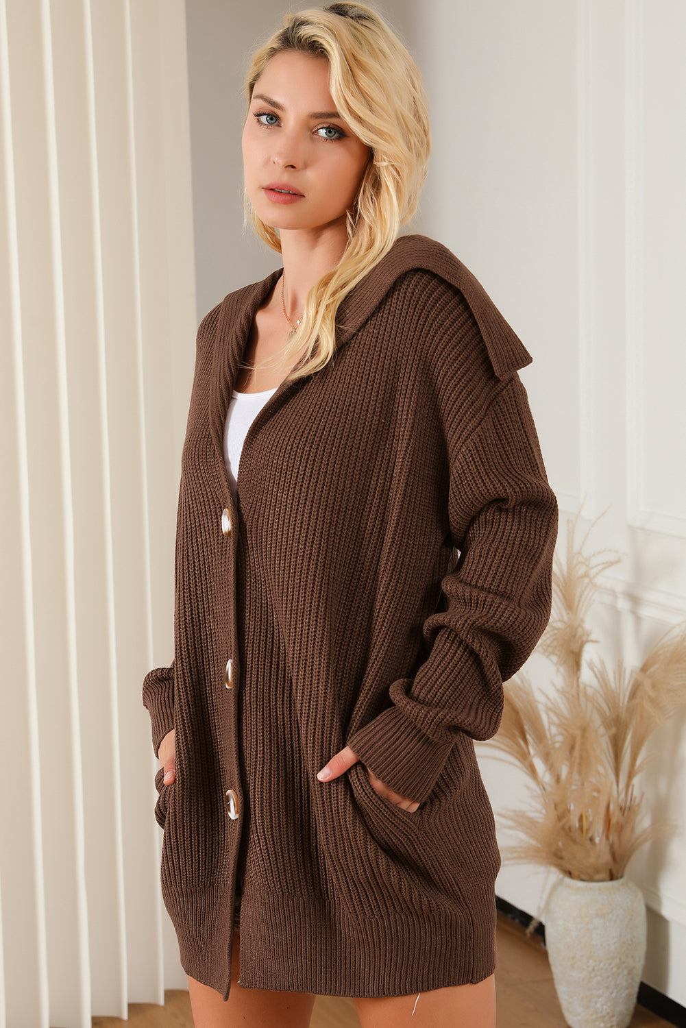 Brown Chunky Knit Lapel Collar Button up Cardigan