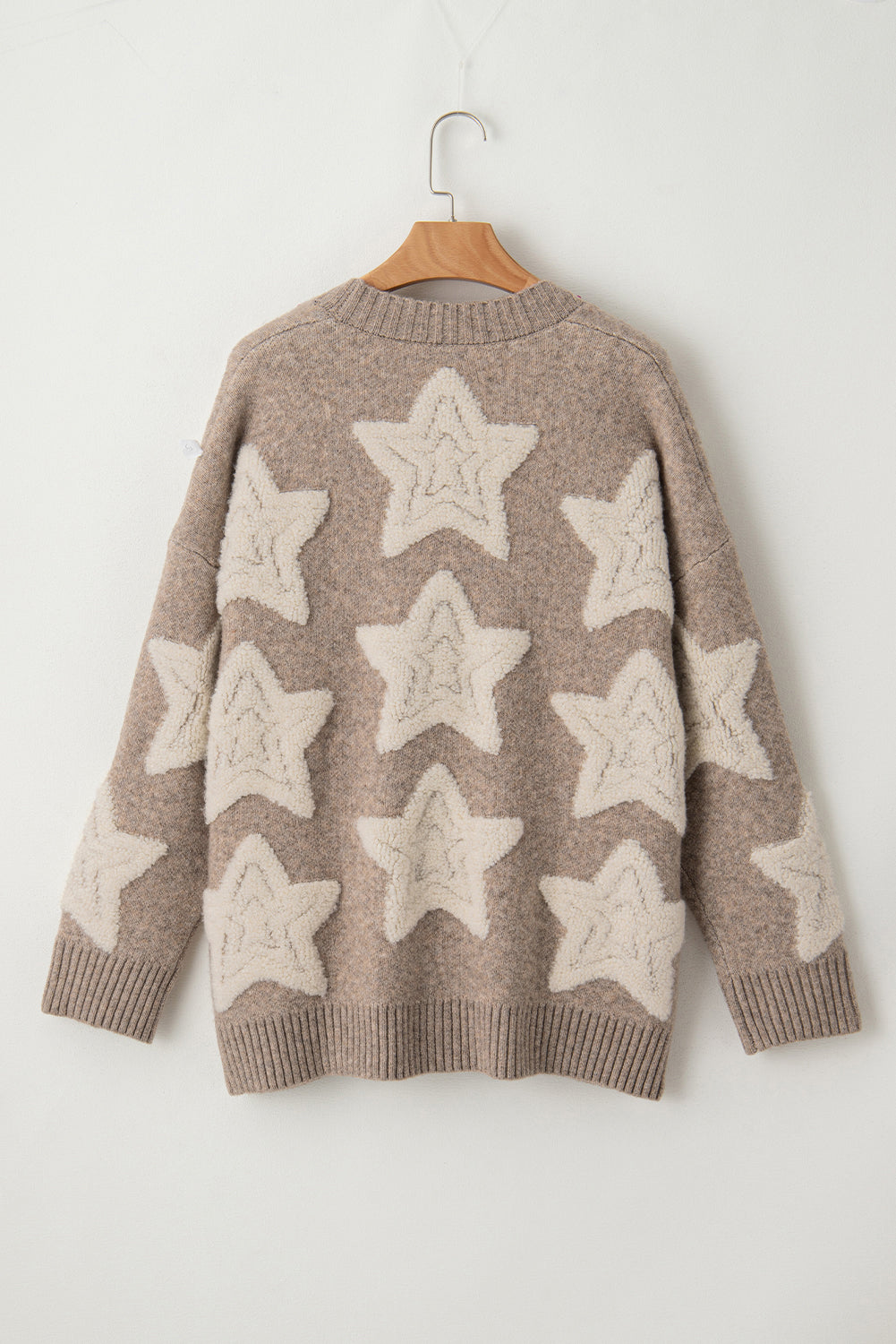 Khaki Sherpa Star Pattern Textured Sweater Cardigan with Pockets