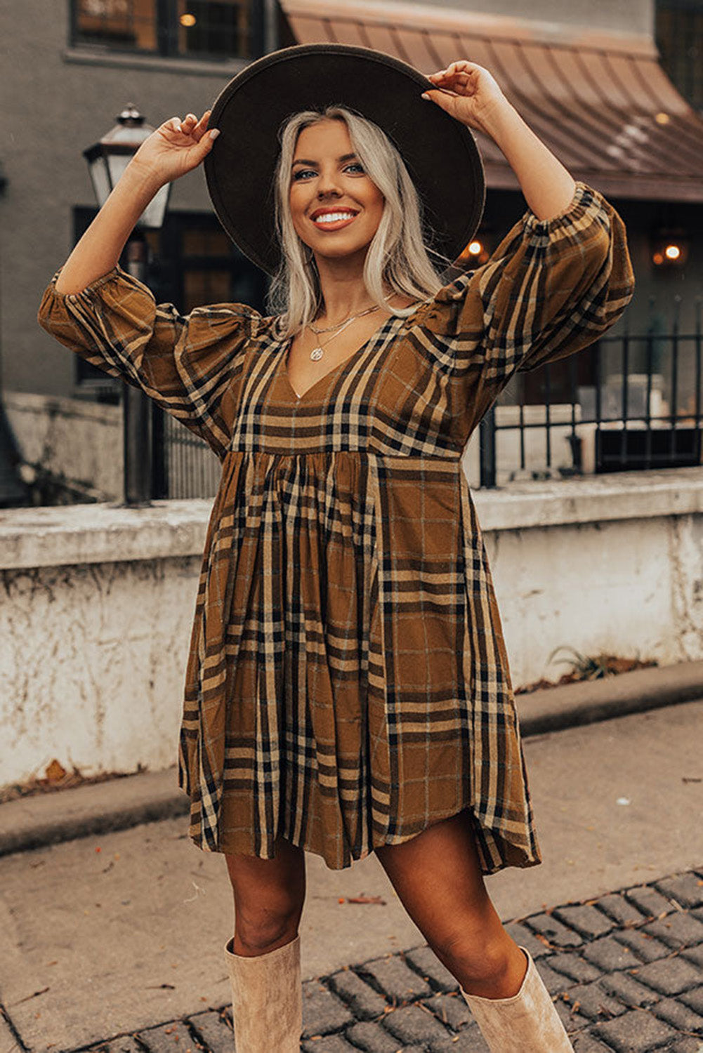 Brown Plaid Pattern Empire Waist Babydoll Dress