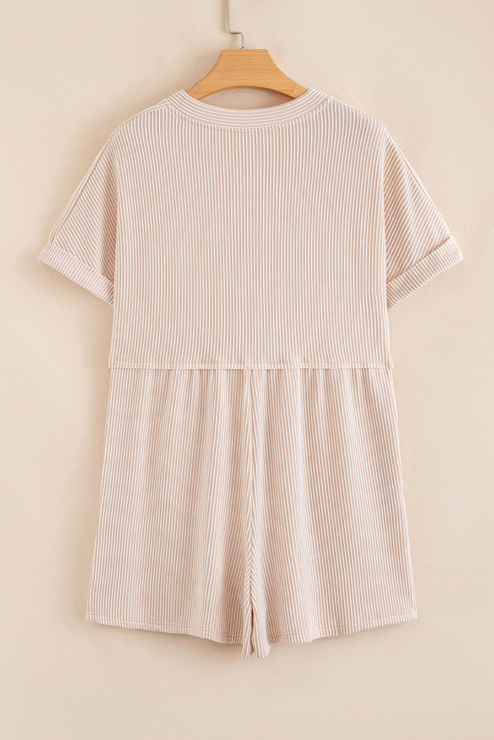 Parchment Spiral Ribbed Short Sleeve V Neck Buttoned Romper with Pocket