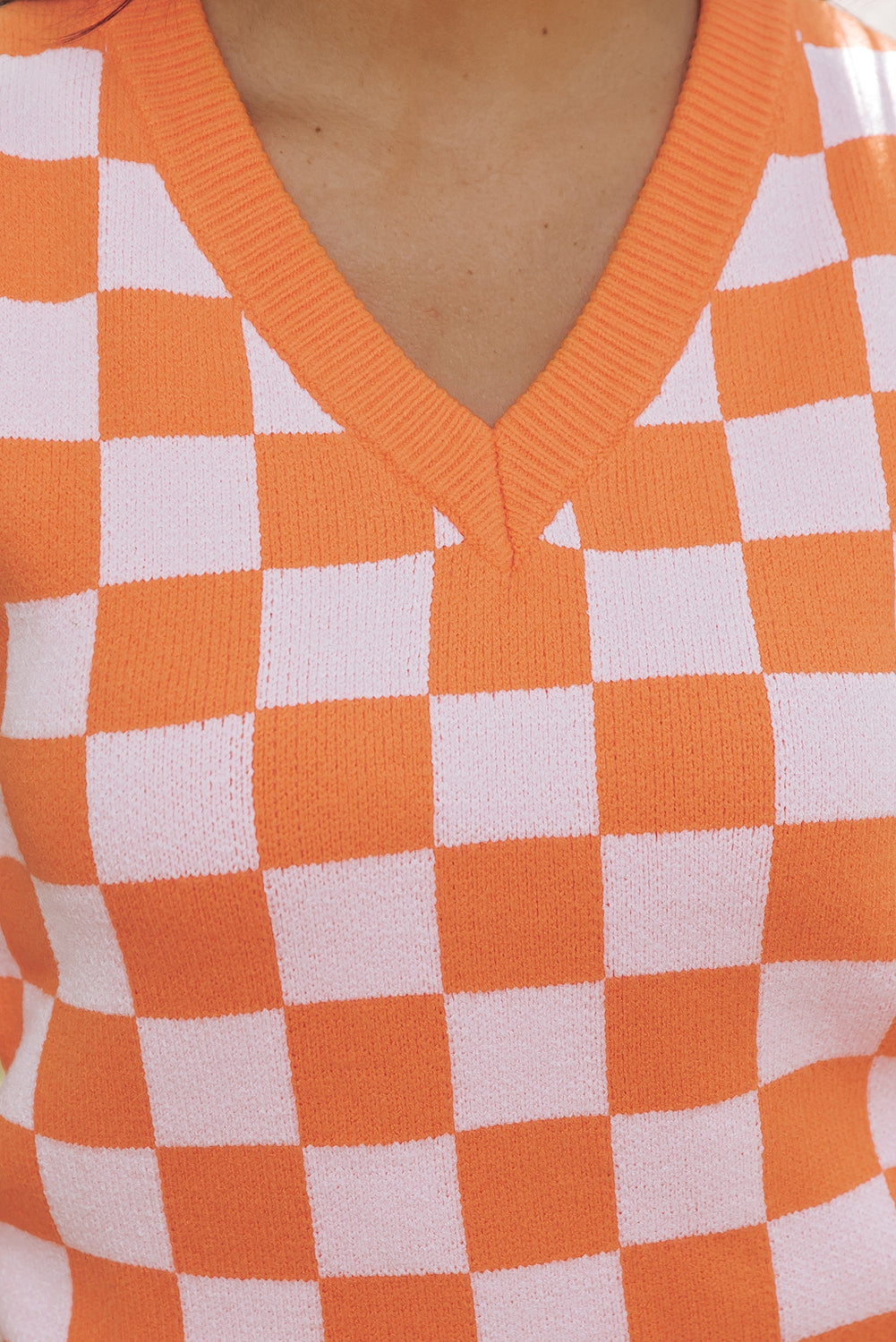 Russet Orange Checkered V Neck Knitted Sweater Vest