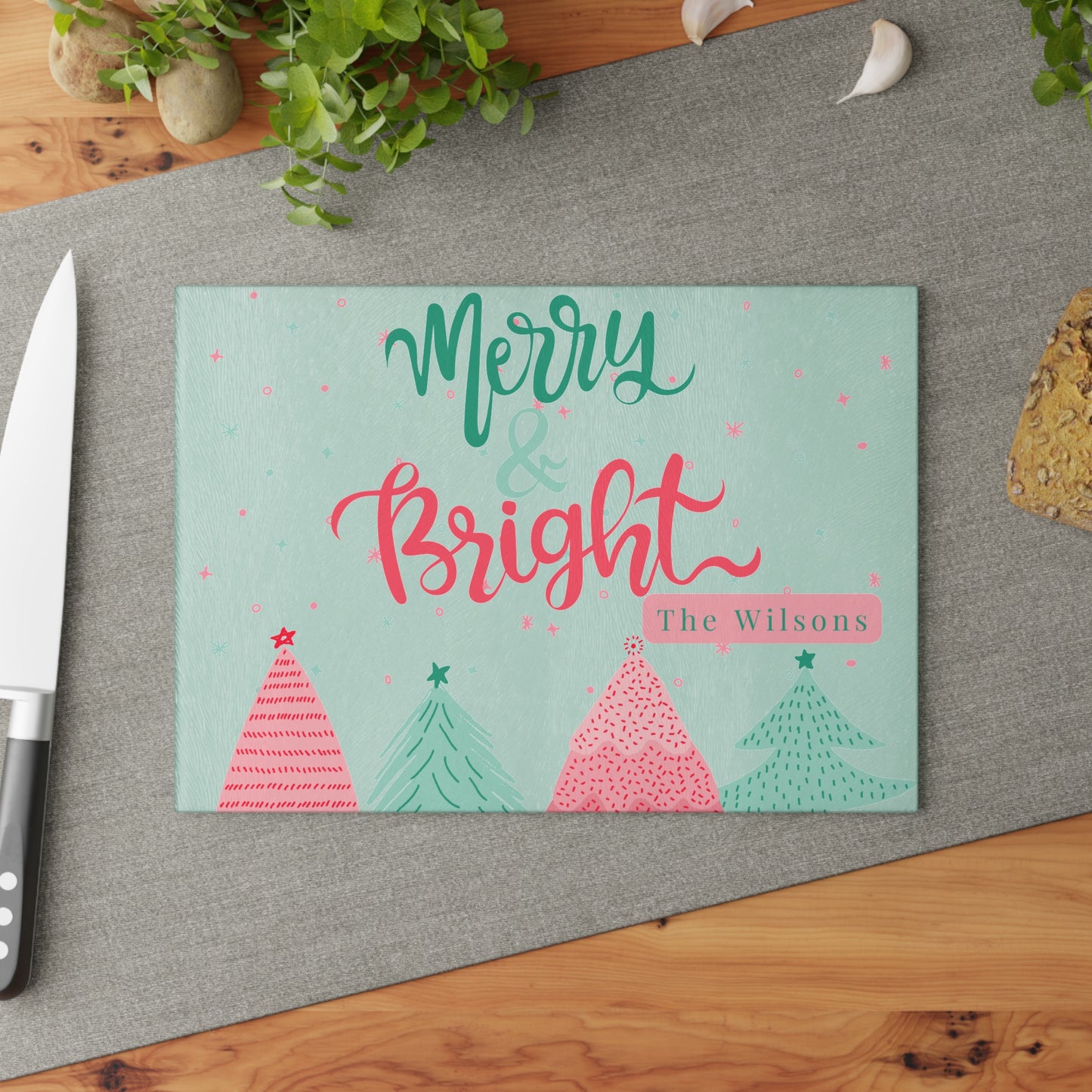 Personalized Holiday Glass Cutting Board – Merry & Bright Design