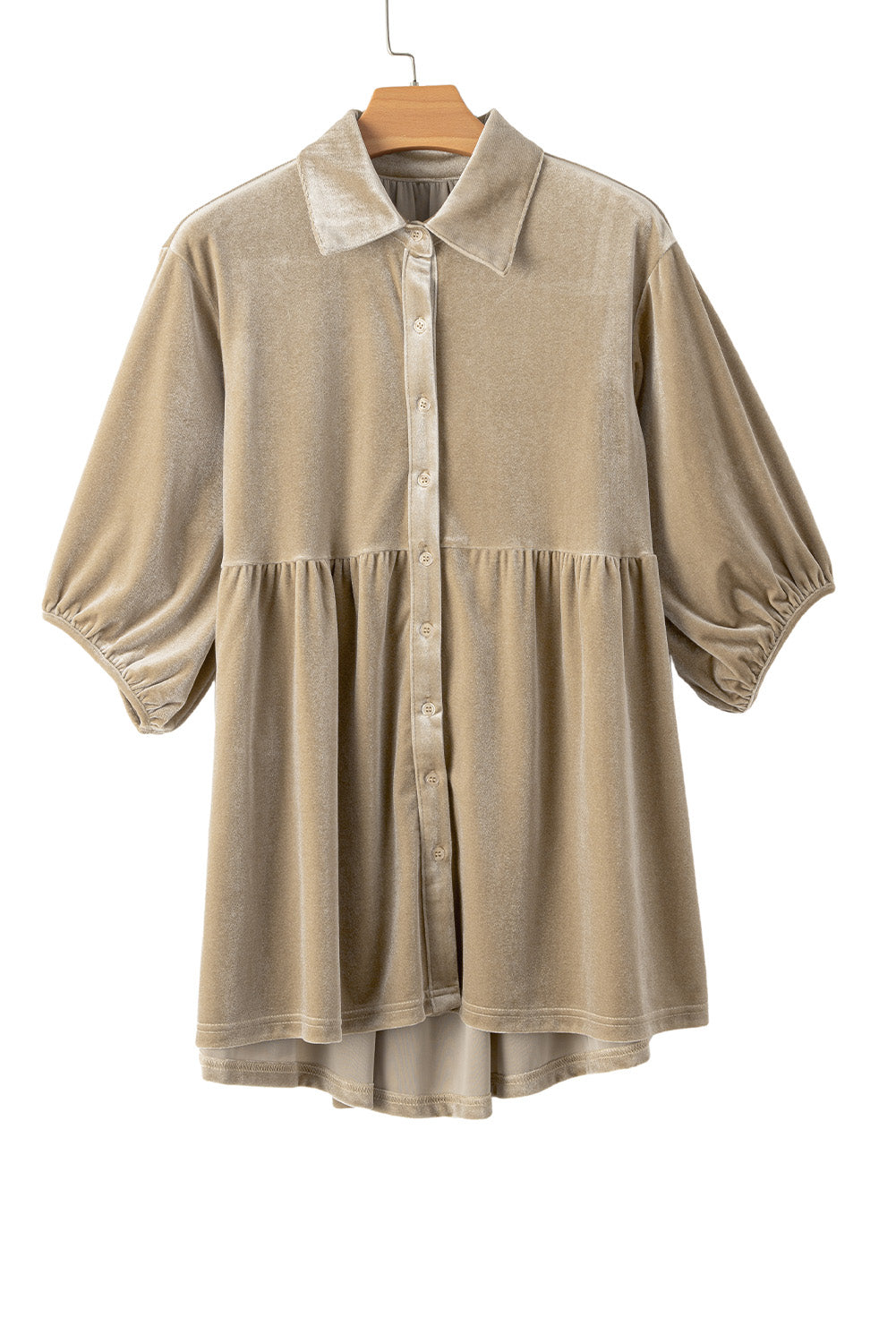 Pale Khaki 3/4 Sleeve Tunic Babydoll Velvet Shirt