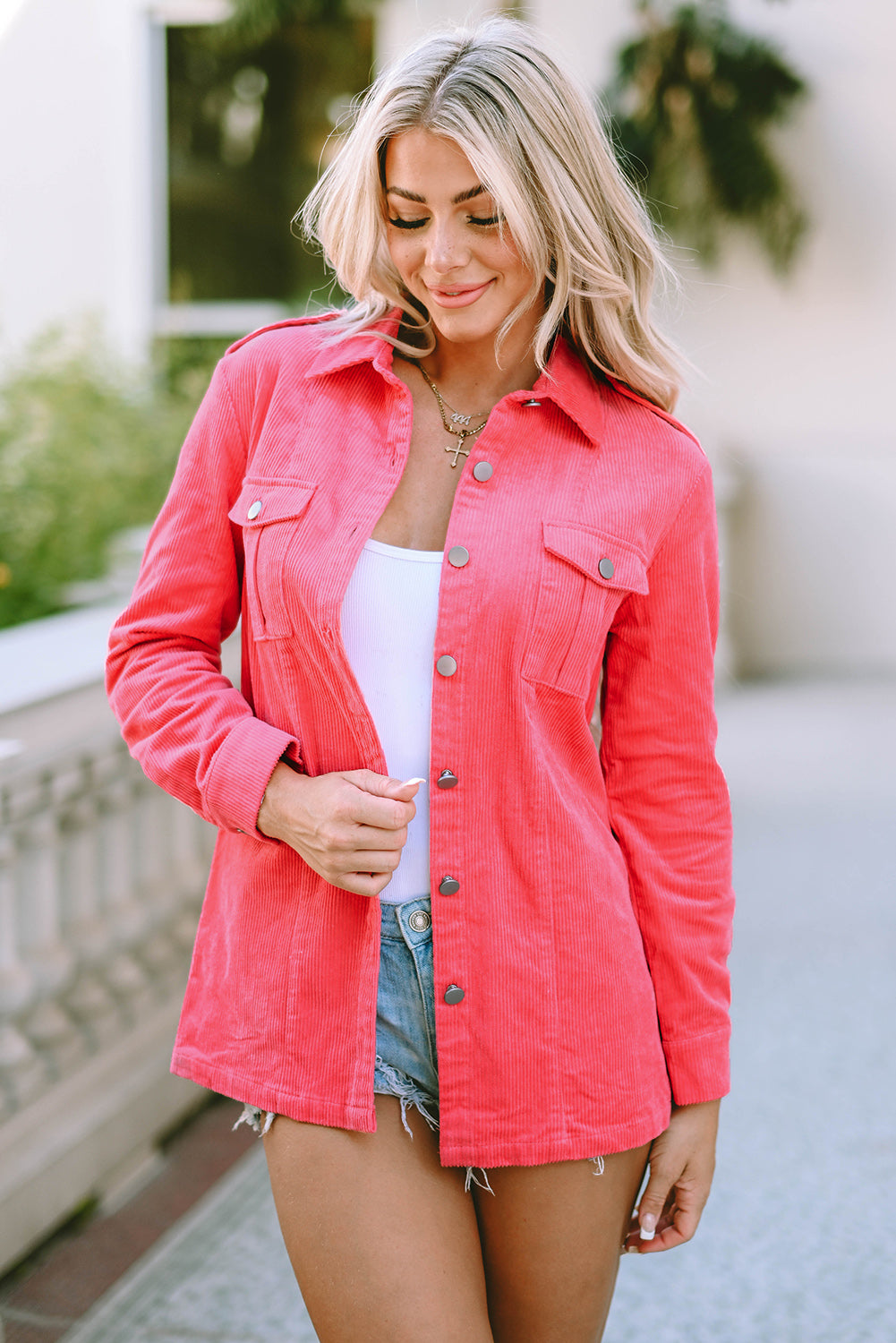 Pink Buttoned Flap Pocket Corduroy Jacket