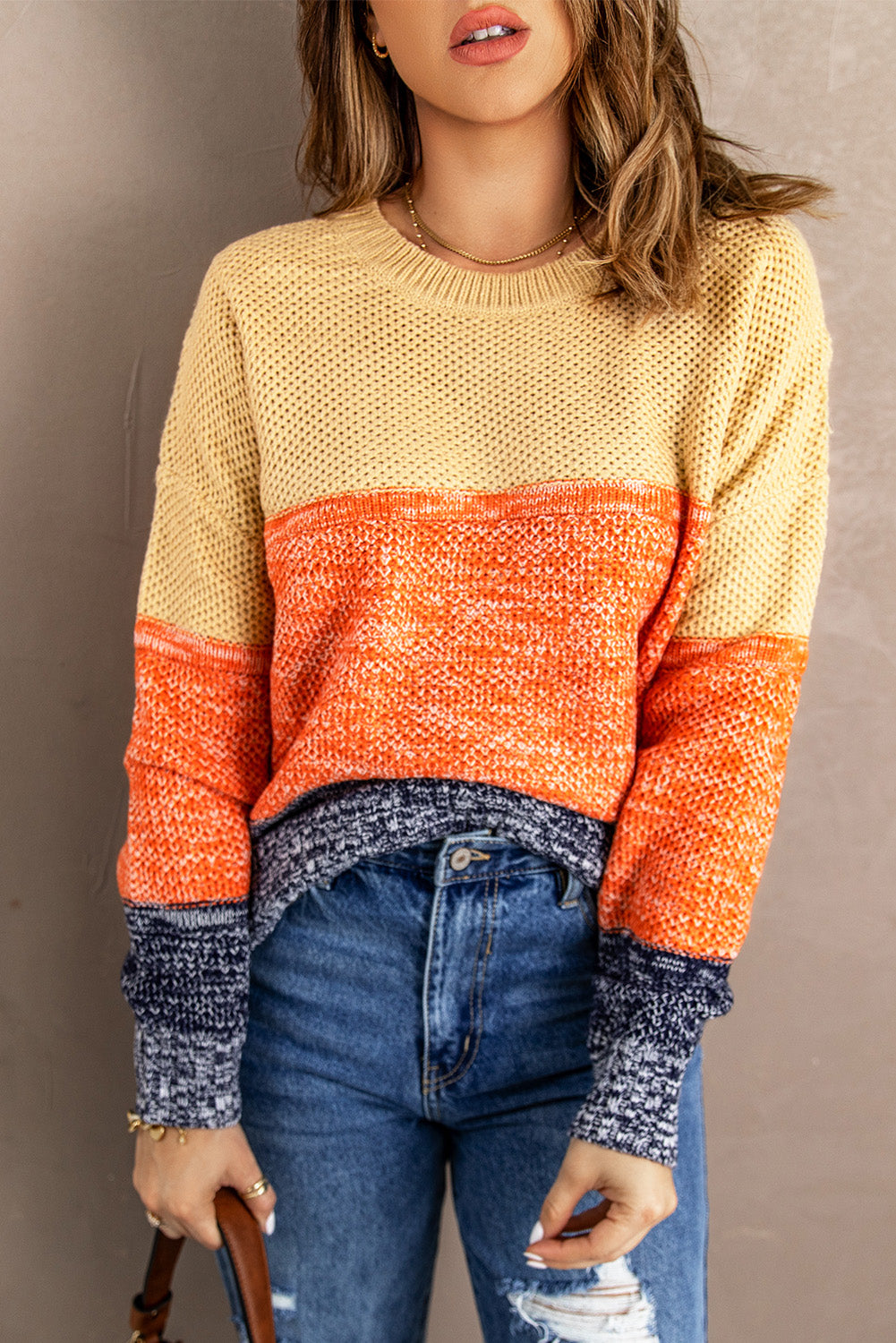 Blue Color Block Netted Texture Pullover Sweater