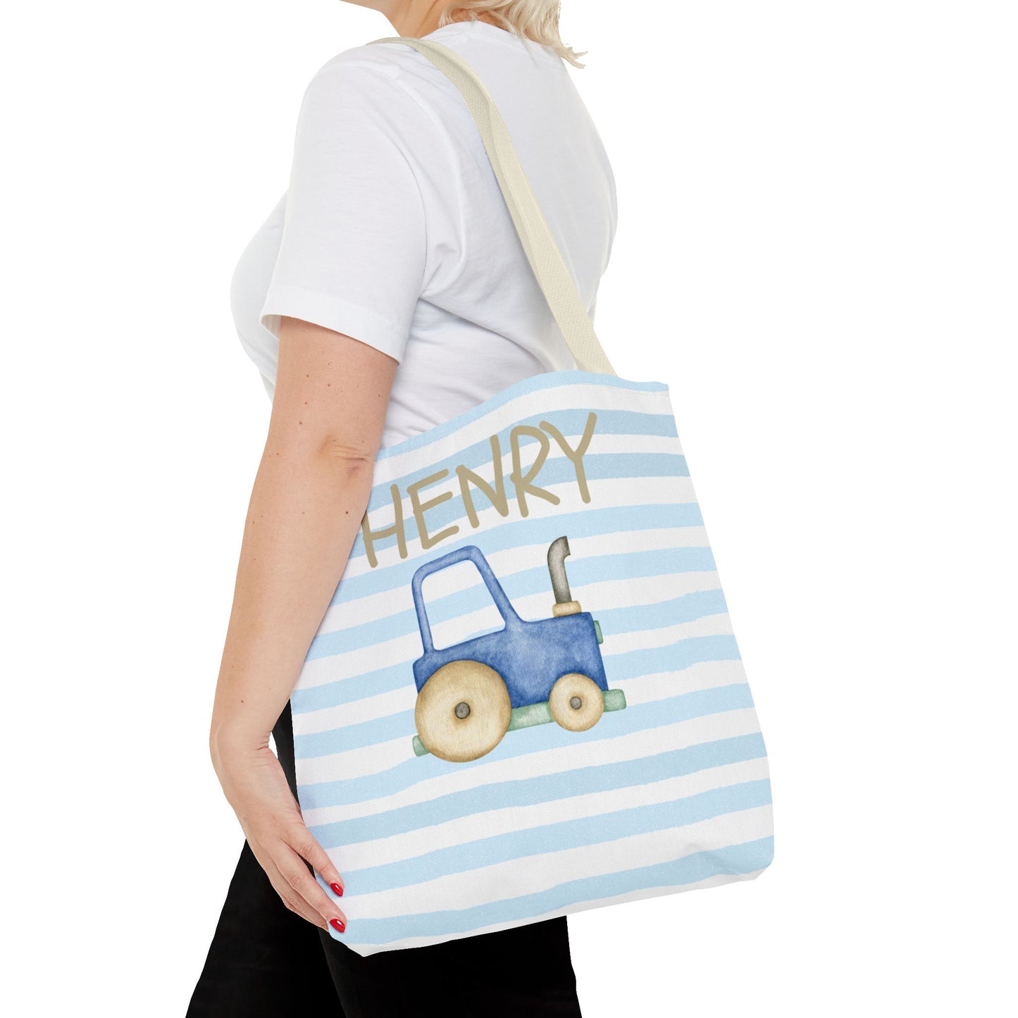 Personalized Kids' Blue Stripe Tote Bag with Tractor Design