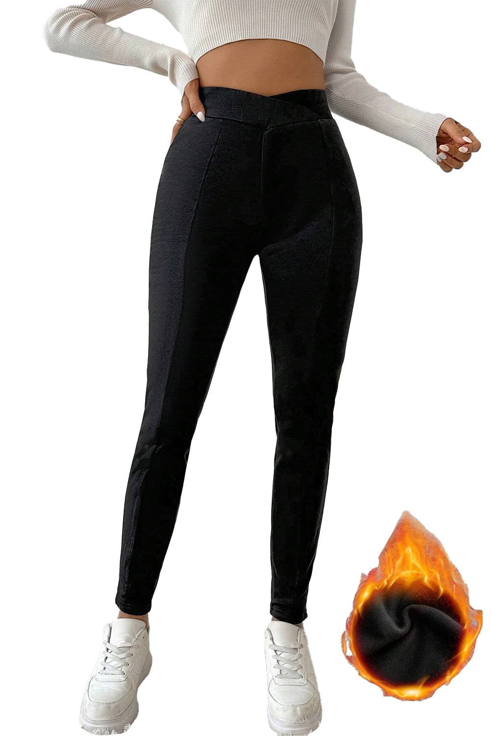 Black Crossed Waist Seamed Leg Thermal Leggings