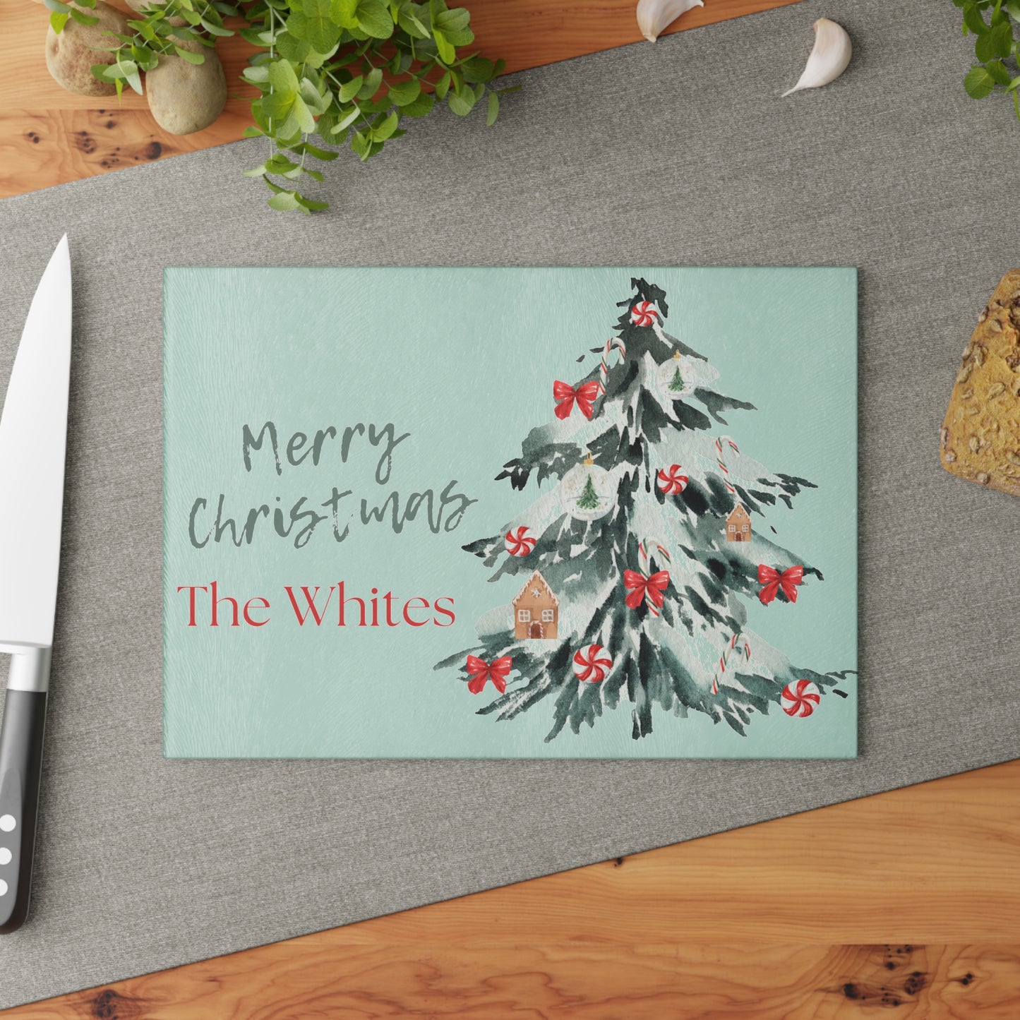 Personalized Christmas Tree Glass Cutting Board - Holiday Kitchen Decor