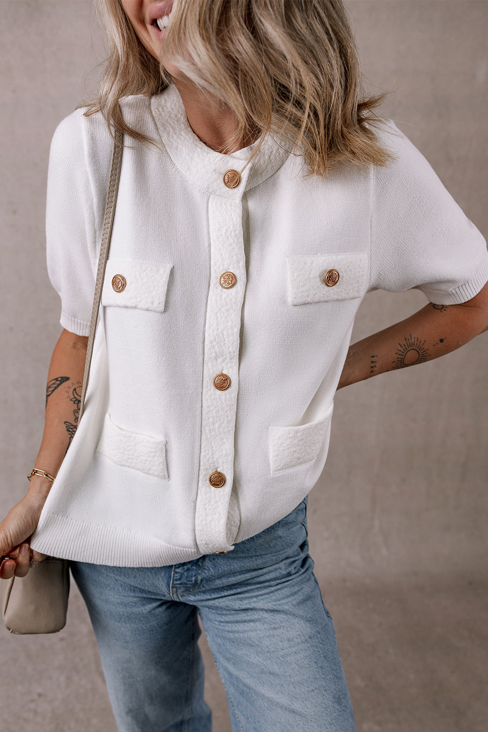 White Gold Buttons Textured Sweater T Shirt