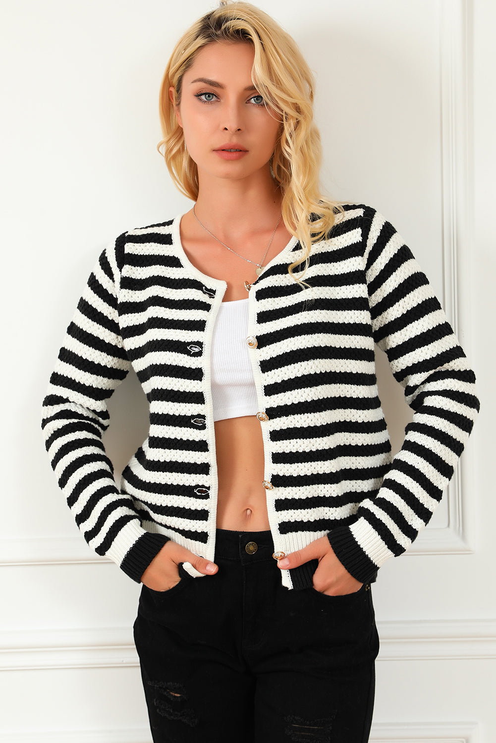 Black Contrast Striped Print Cardigan