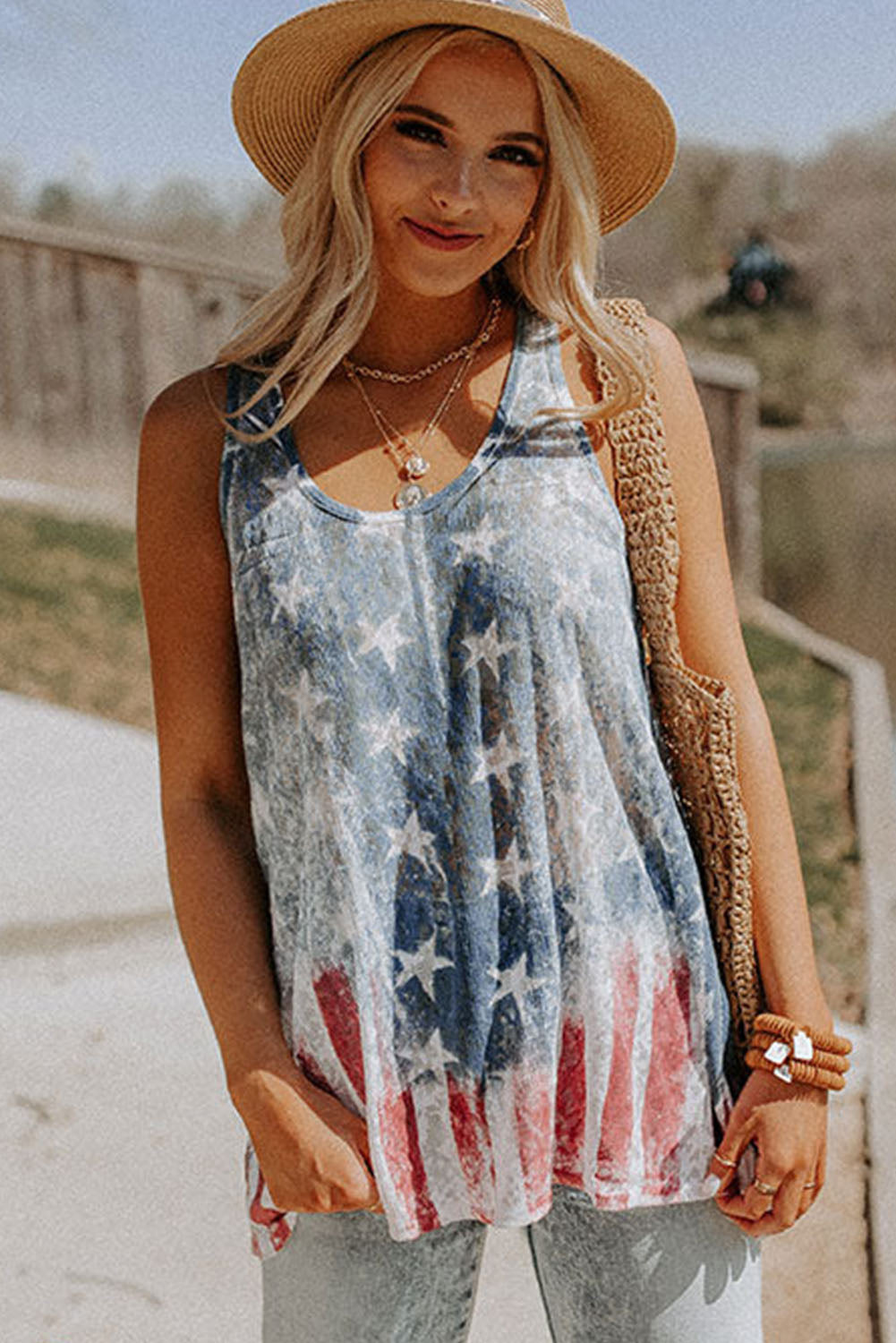 Blue Vintage Washed Flag Print Shift Tank Top