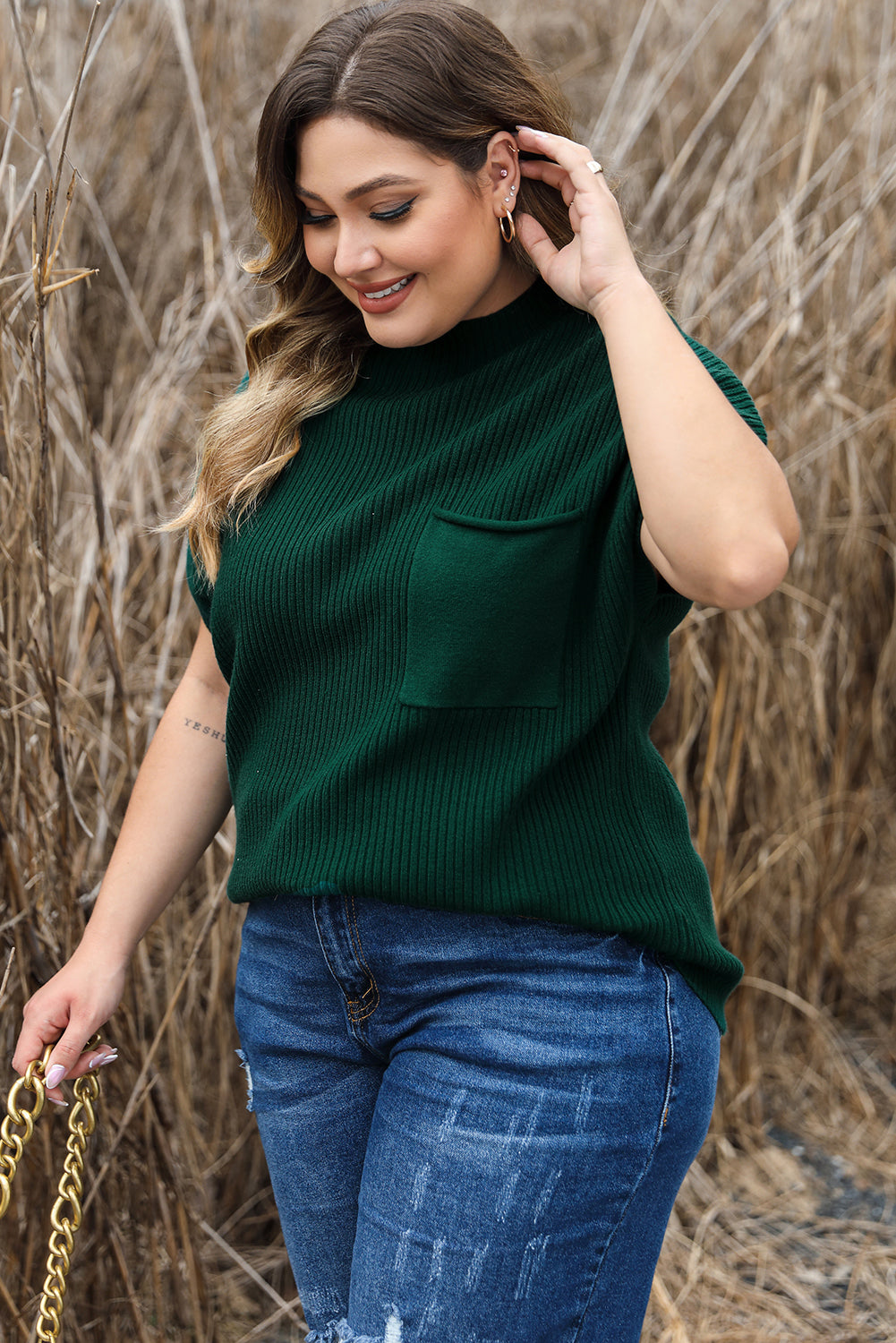 Jungle Green Plus Size Mock Neck Chest Pocket Short Sleeve Sweater