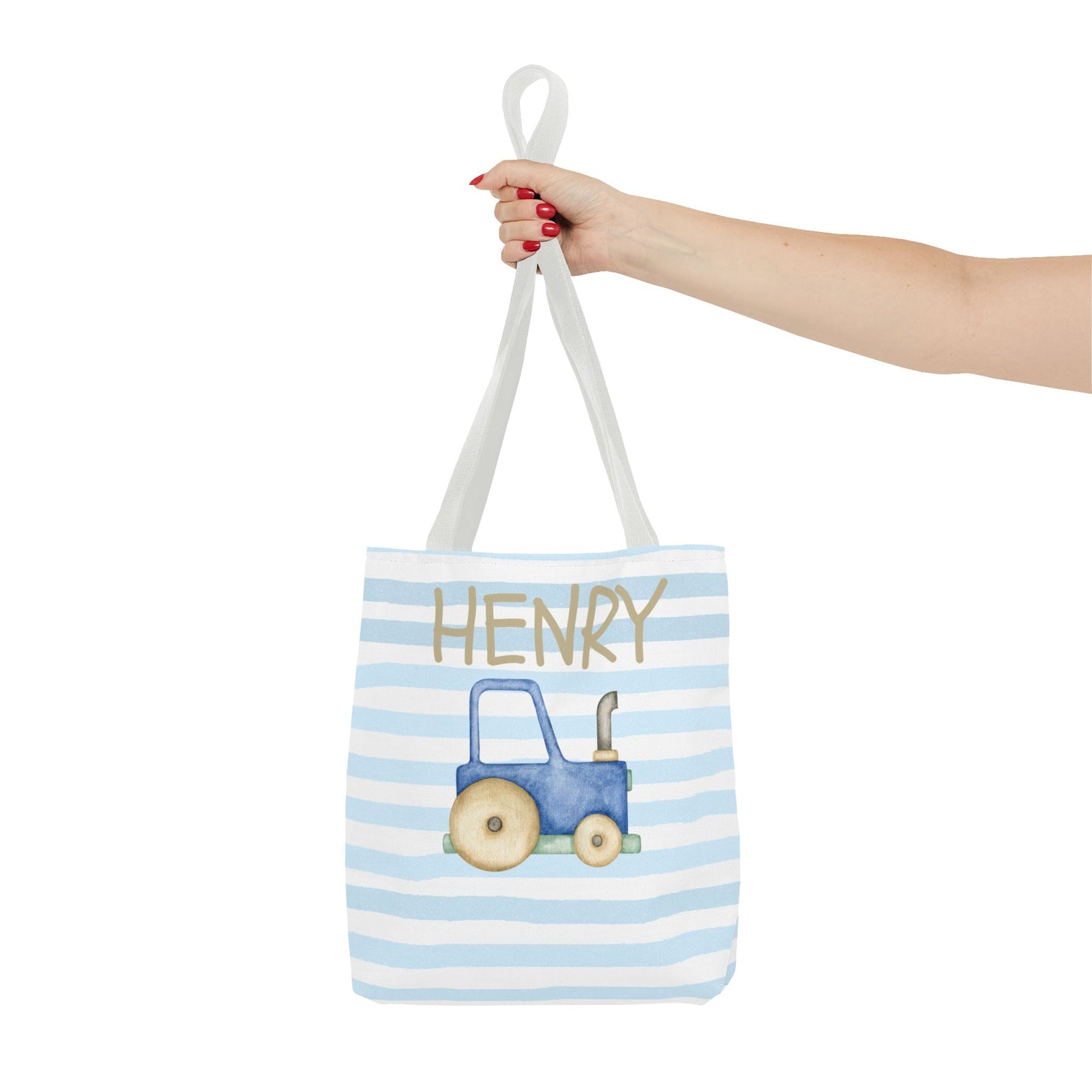 Personalized Kids' Blue Stripe Tote Bag with Tractor Design