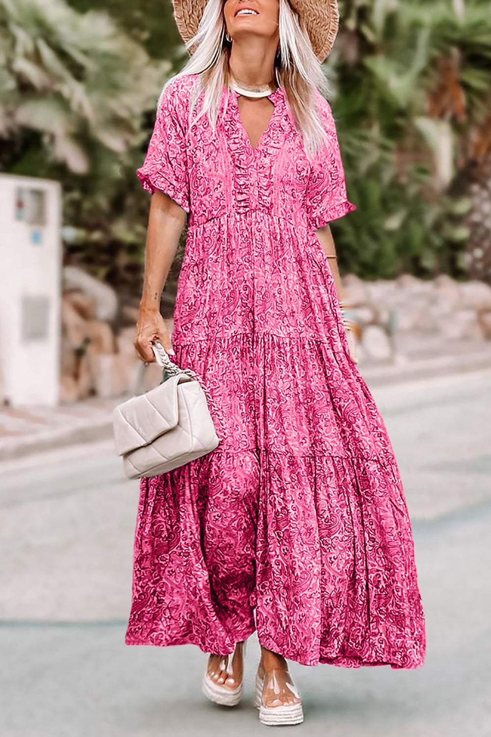 Sky Blue Paisley Print Boho Holiday Ruffle Tiered Maxi Dress