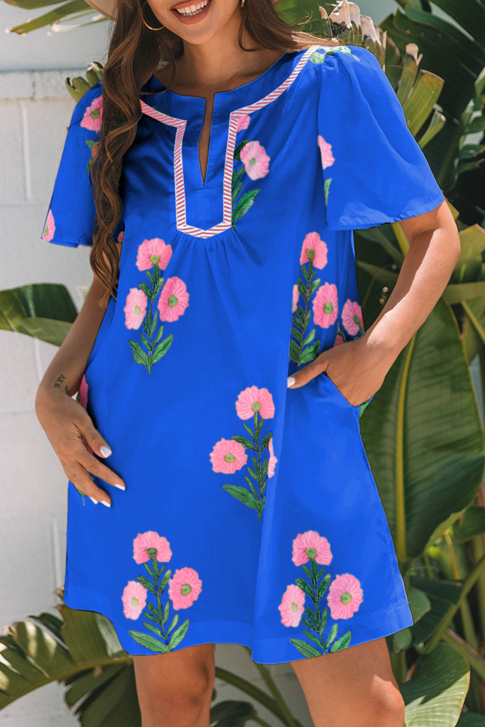 Blue Floral Short Sleeve Split Neck Loose Mini Dress