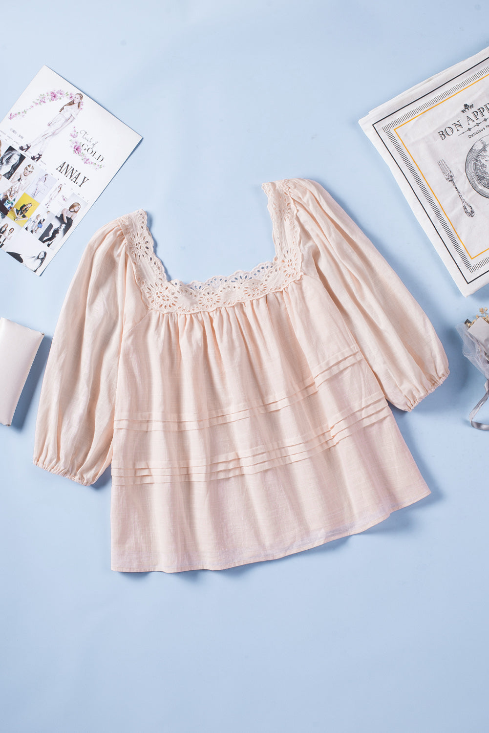 Beige Puff Sleeve Eyelet Babydoll Blouse