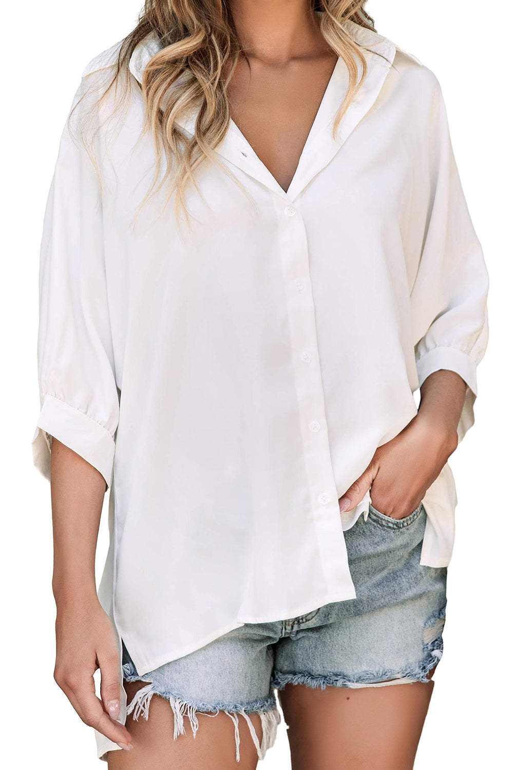 White 3/4 Puff Sleeve Oversize Shirt