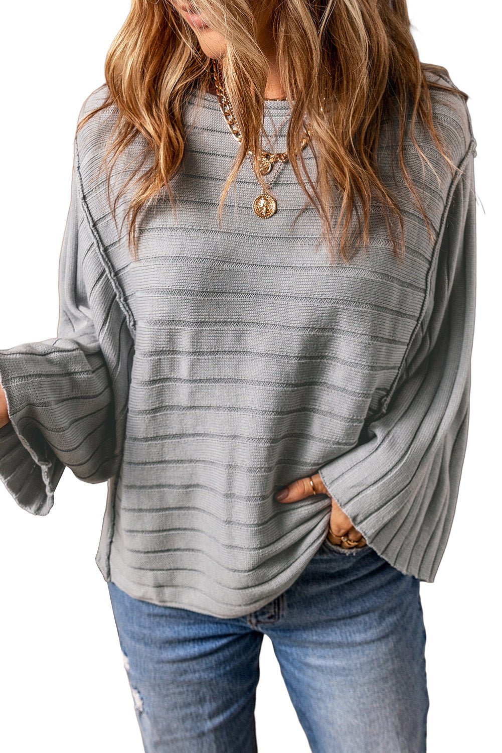 Gray Exposed Seam Ribbed Knit Dolman Top