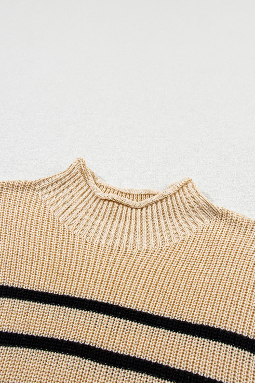 Parchment Striped Ribbed Knit High Neck Sweater