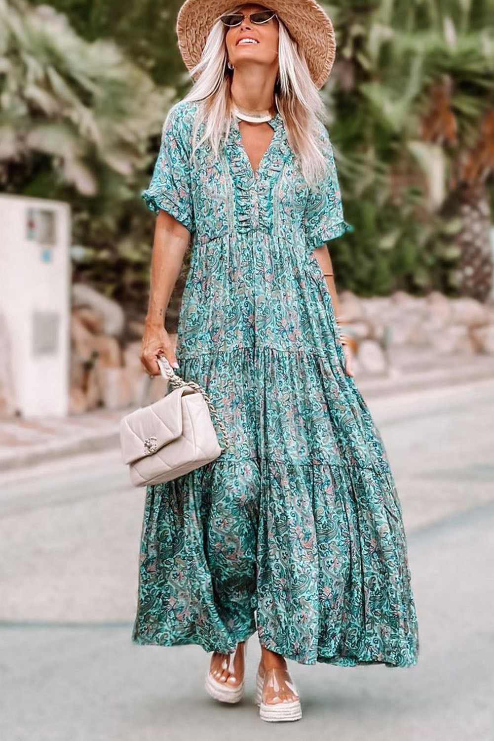 Sky Blue Paisley Print Boho Holiday Ruffle Tiered Maxi Dress