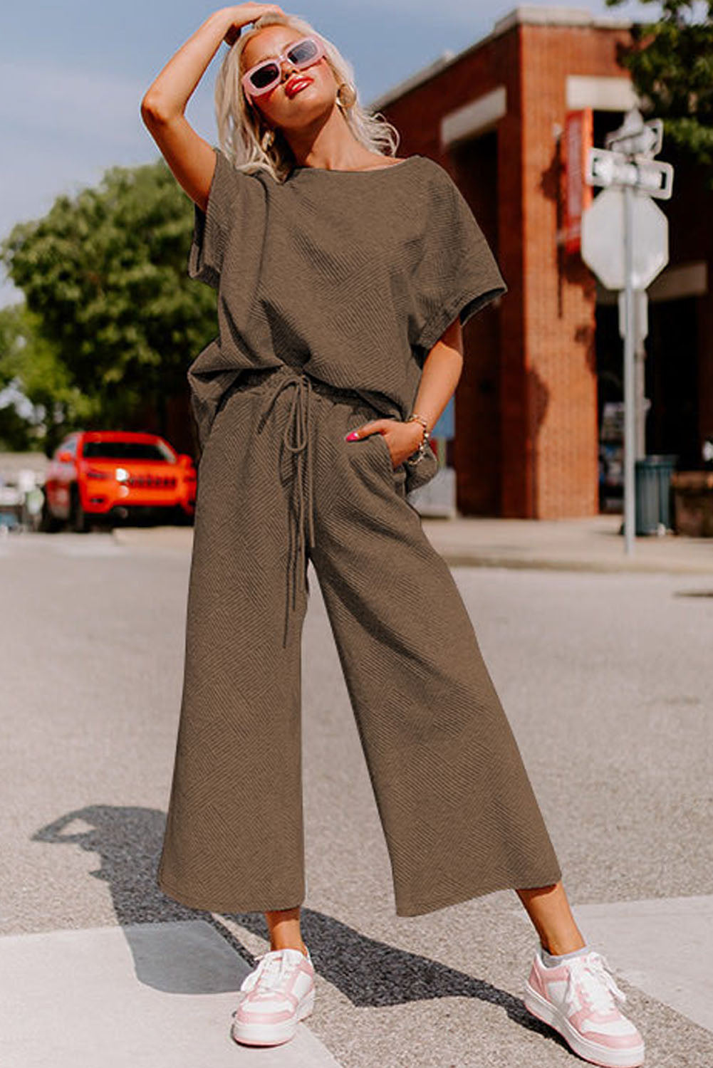 Red Dahlia Textured Loose Fit T Shirt and Drawstring Pants Set