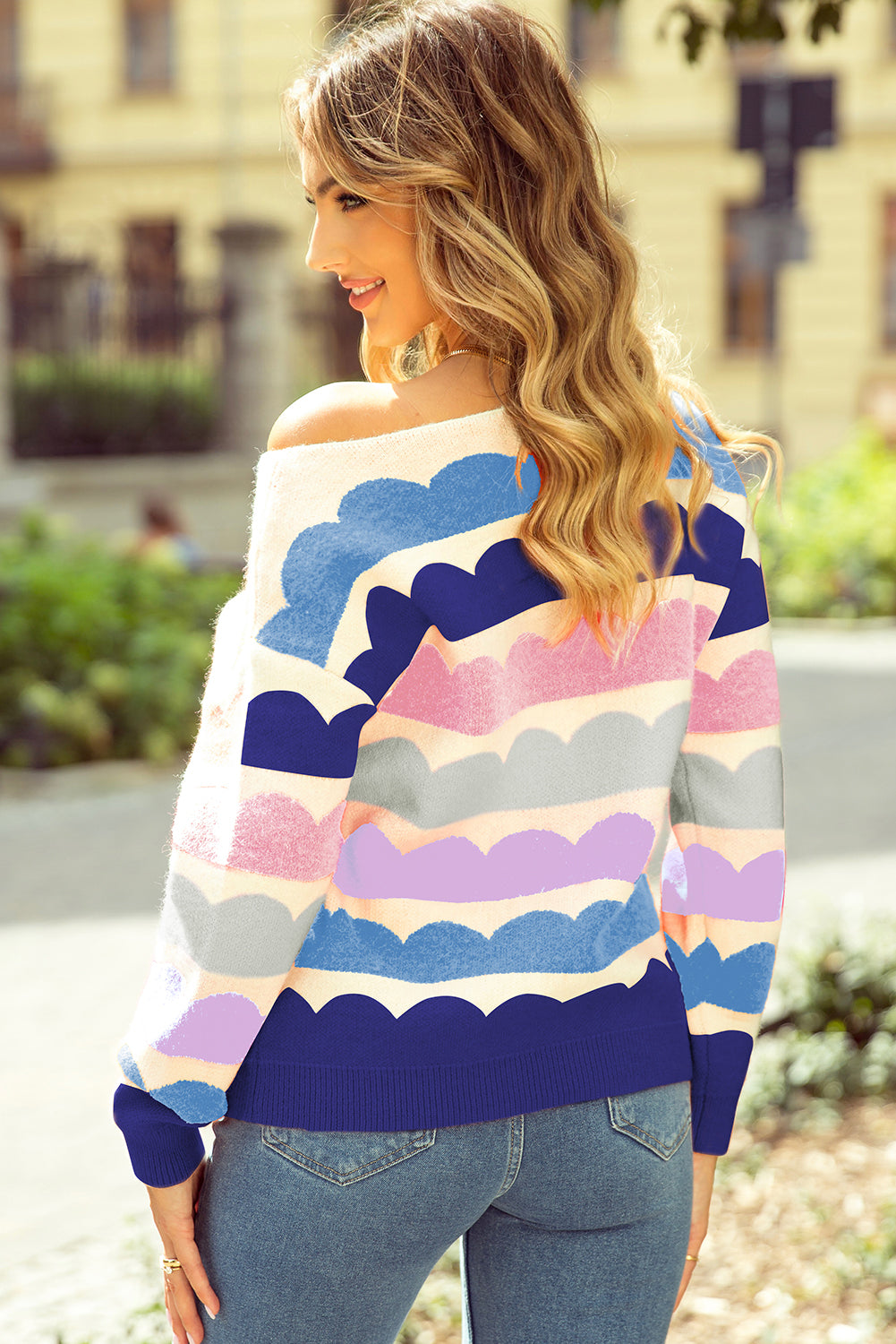 Gray Wave Striped Balloon Sleeve Drop Shoulder Sweater