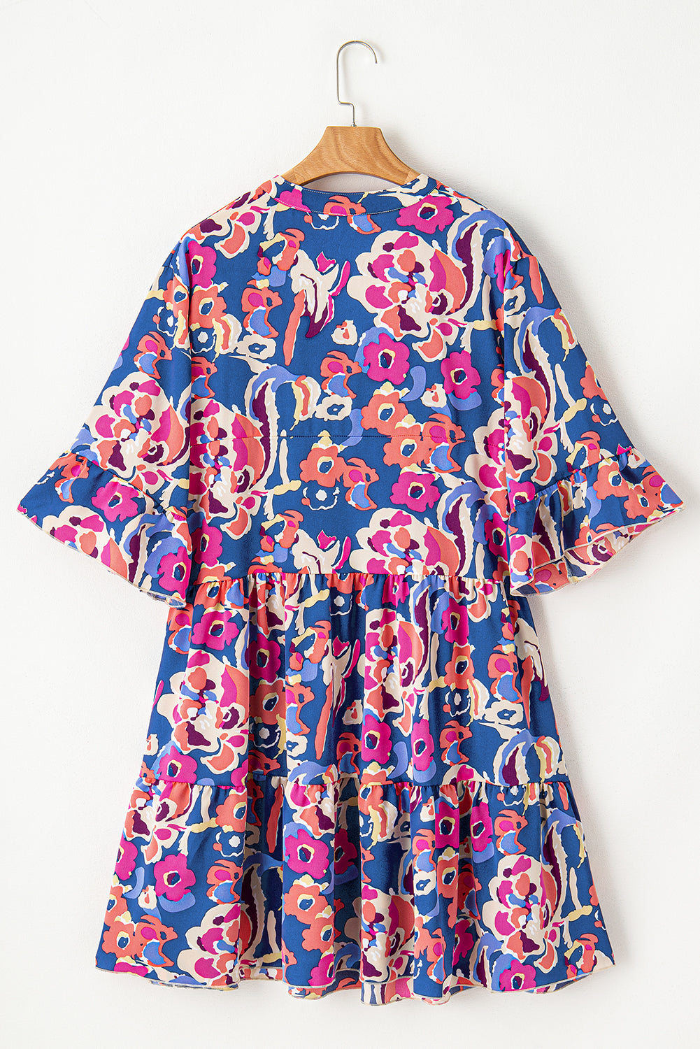 Blue Plus Size Floral Print Ruffled 3/4 Sleeve Mini Dress