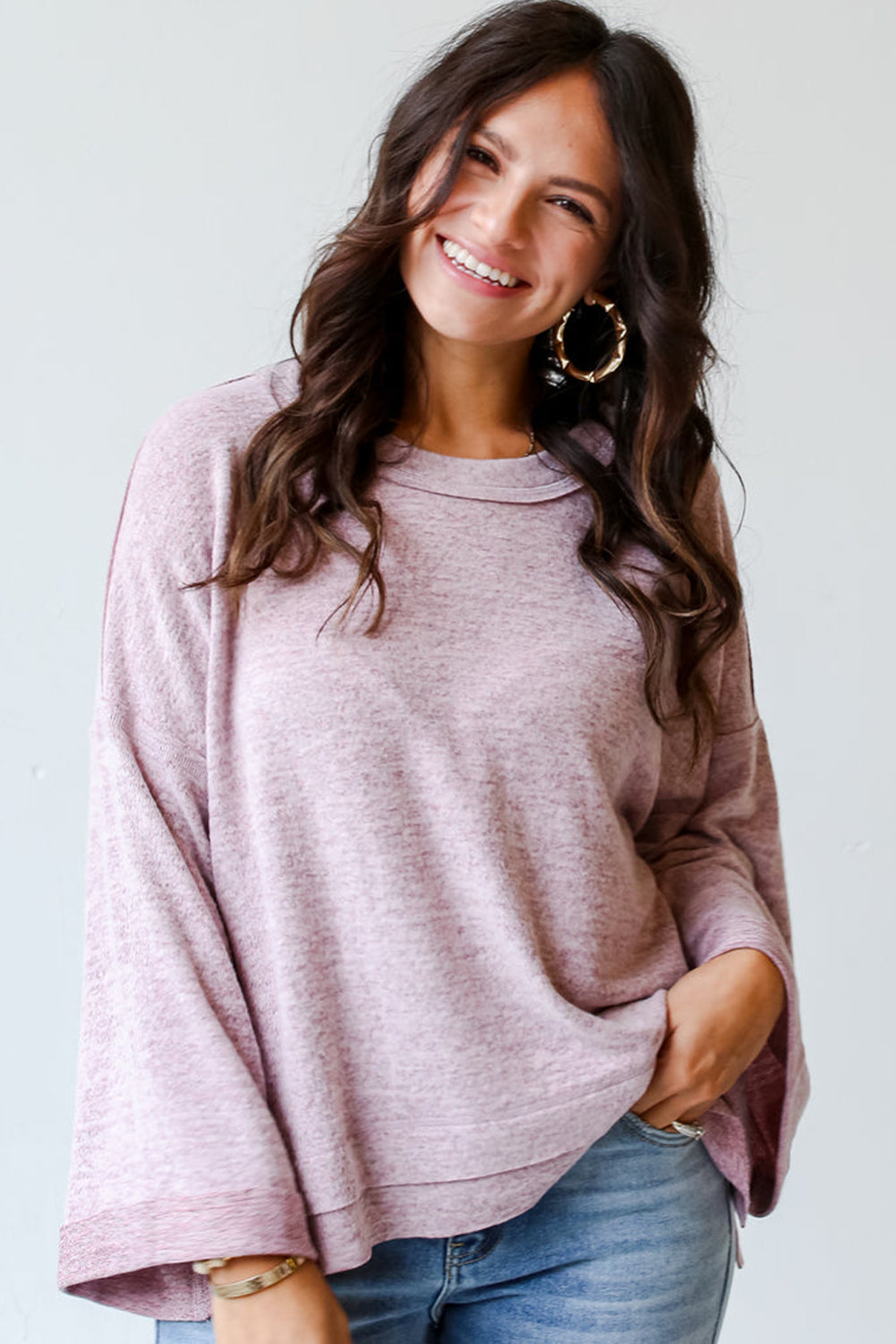 Orchid Petal Exposed Seam Drop Shoulder Wide Long Sleeve T Shirt