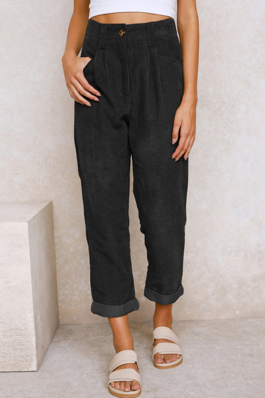 Black Corduroy High Waist Straight Leg Pants