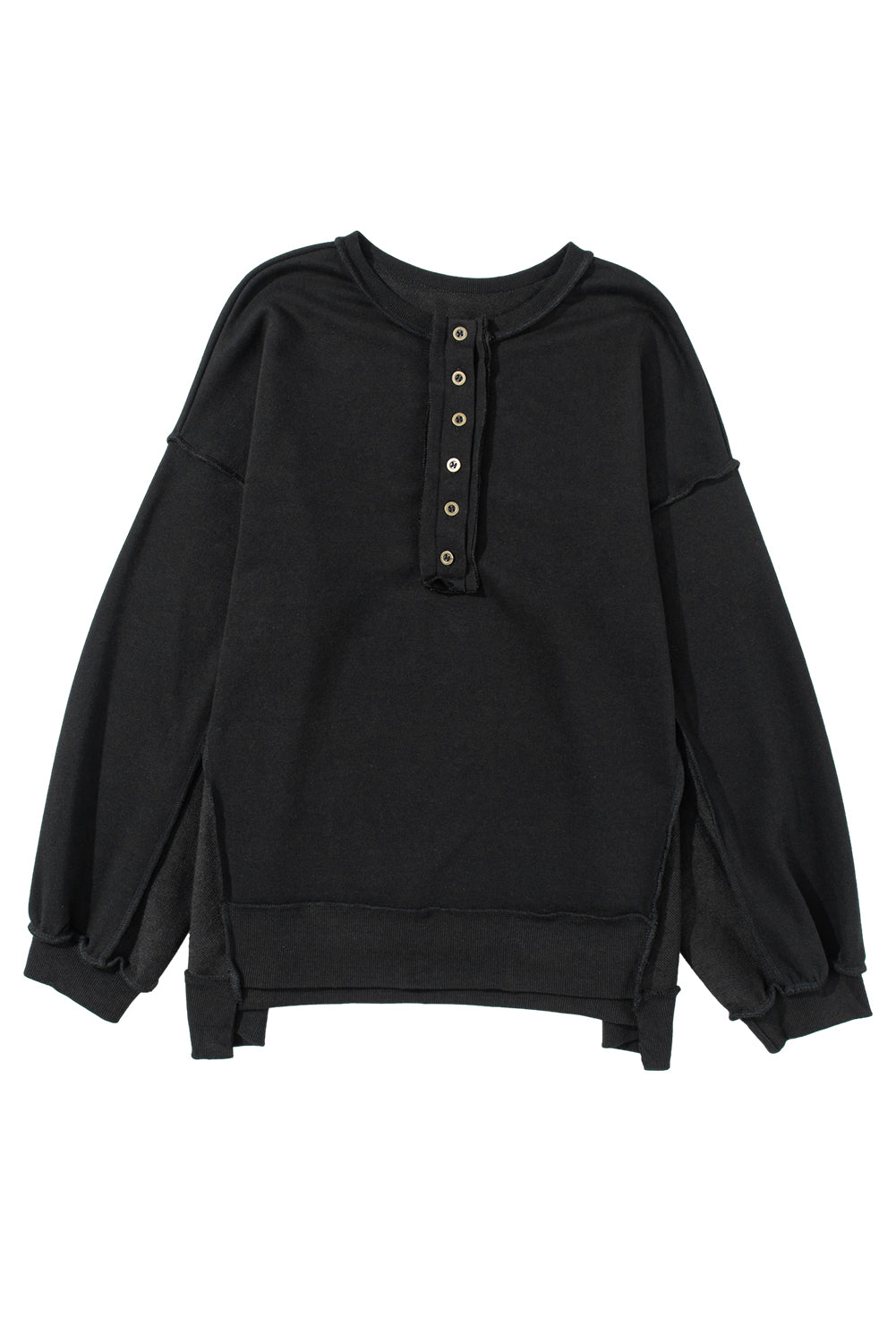 Black Oversized Exposed Seam Henley Sweatshirt