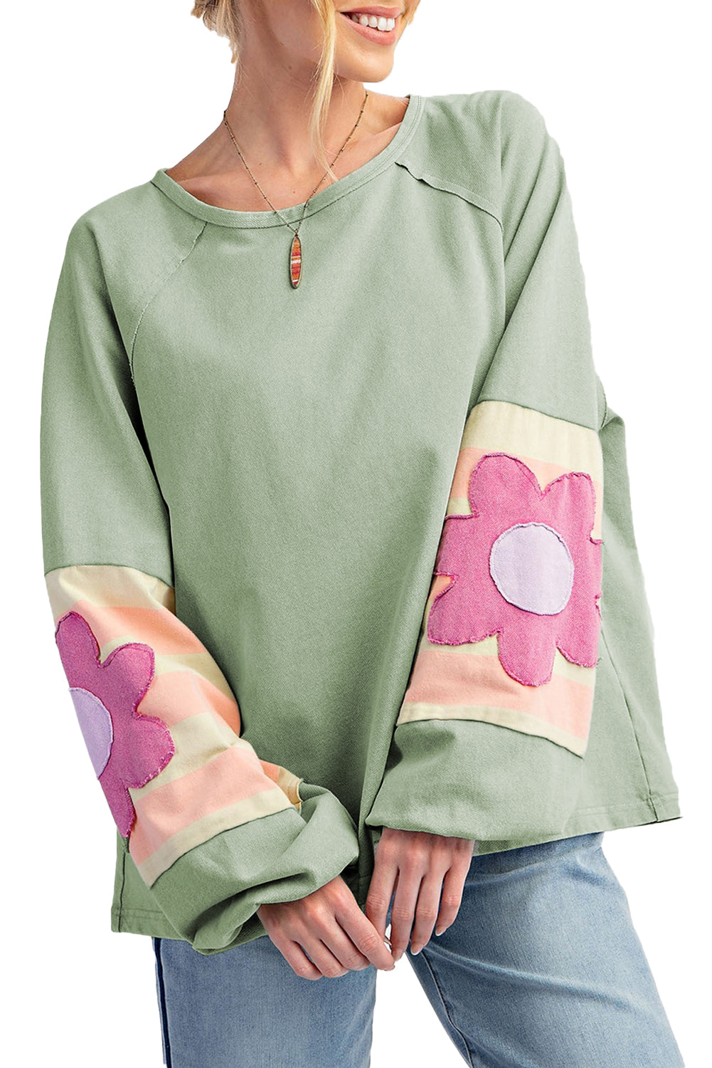 Sail Blue Flower Patchwork Raglan Sleeve Exposed Seam Oversized Top