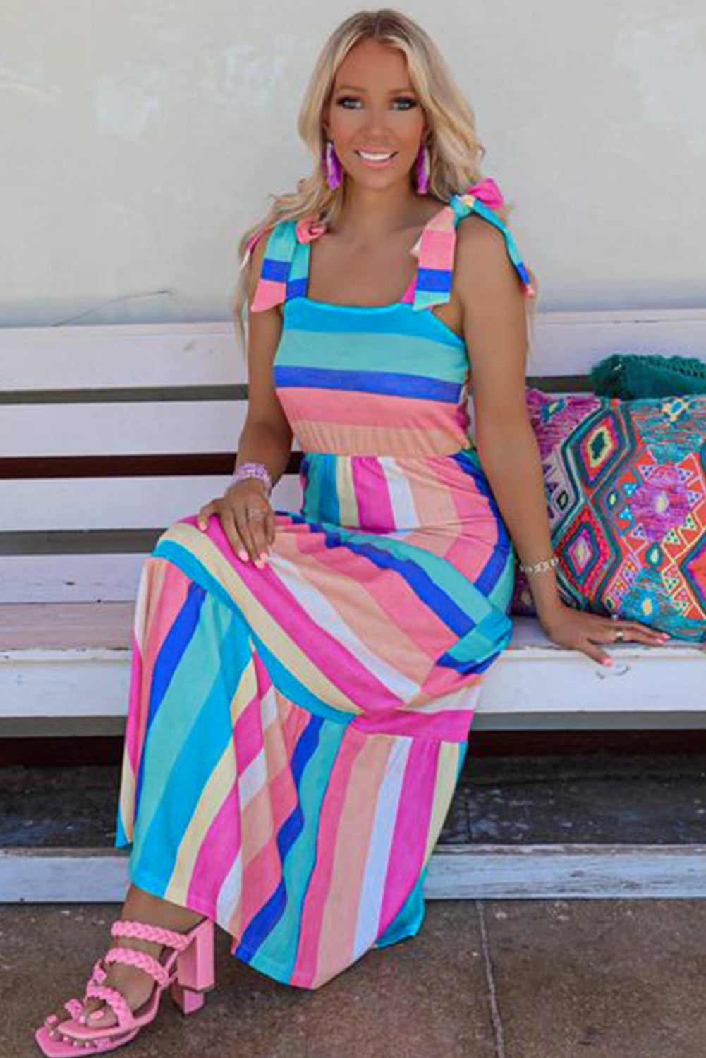 Multicolor Color Block Striped Bow Knot Straps Maxi Dress